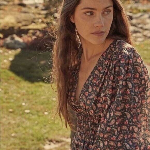 💕DOEN💕 Cecily Dress ~ 100% Ramie Teal Canterbury Paisley Print XL NWOT - Picture 4 of 16